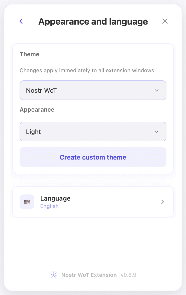 Appearance settings in a demo installation, shown in English.