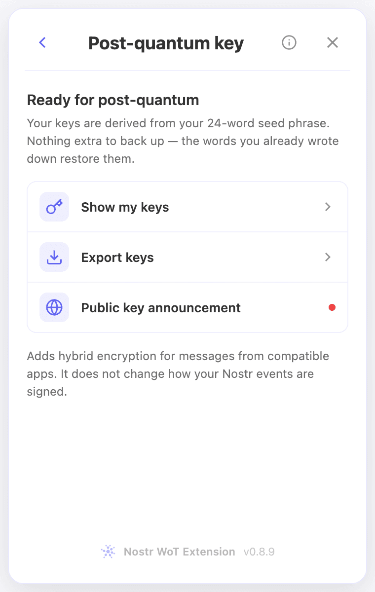 Review post-quantum keys and their public announcement.