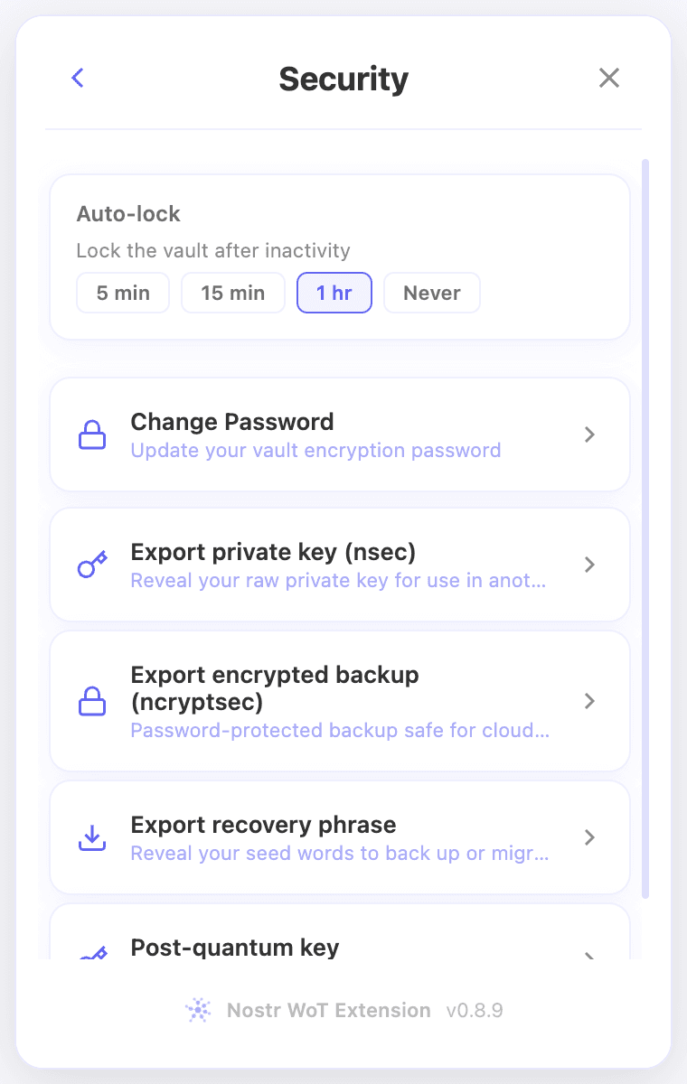 Security settings with recovery phrase and encrypted-backup options