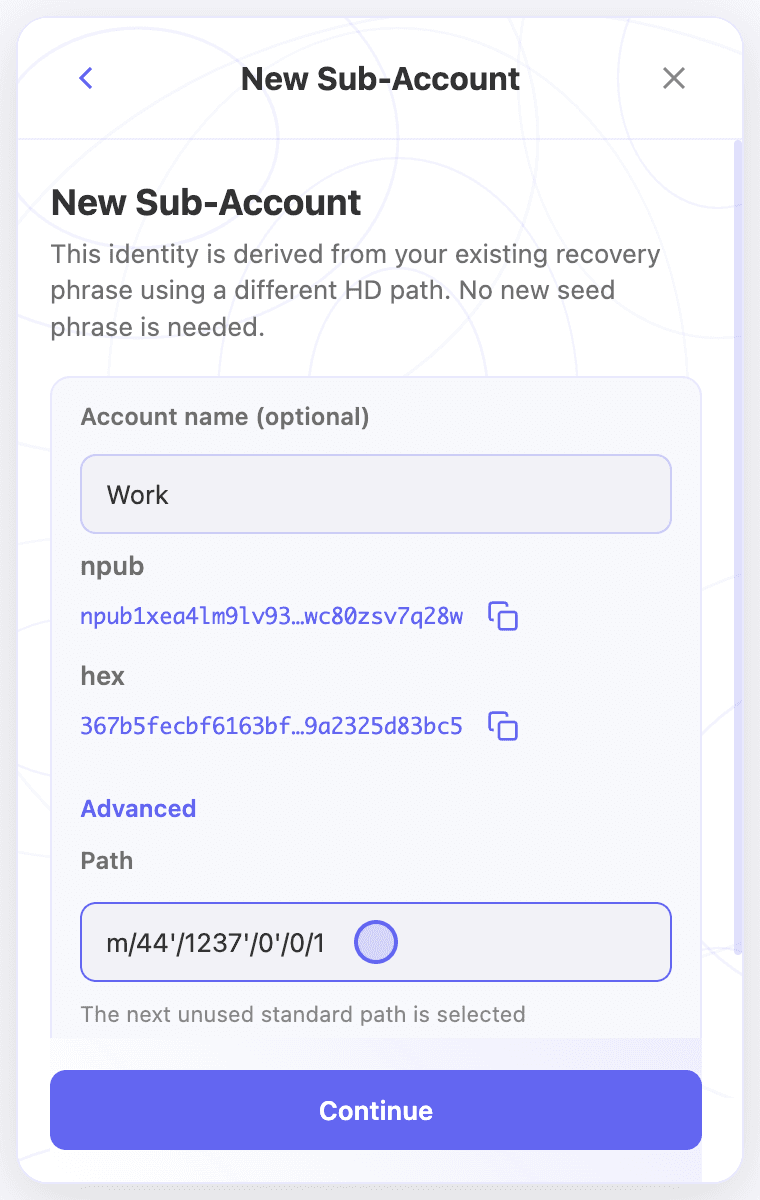 Preview a sub-account and edit its derivation path.