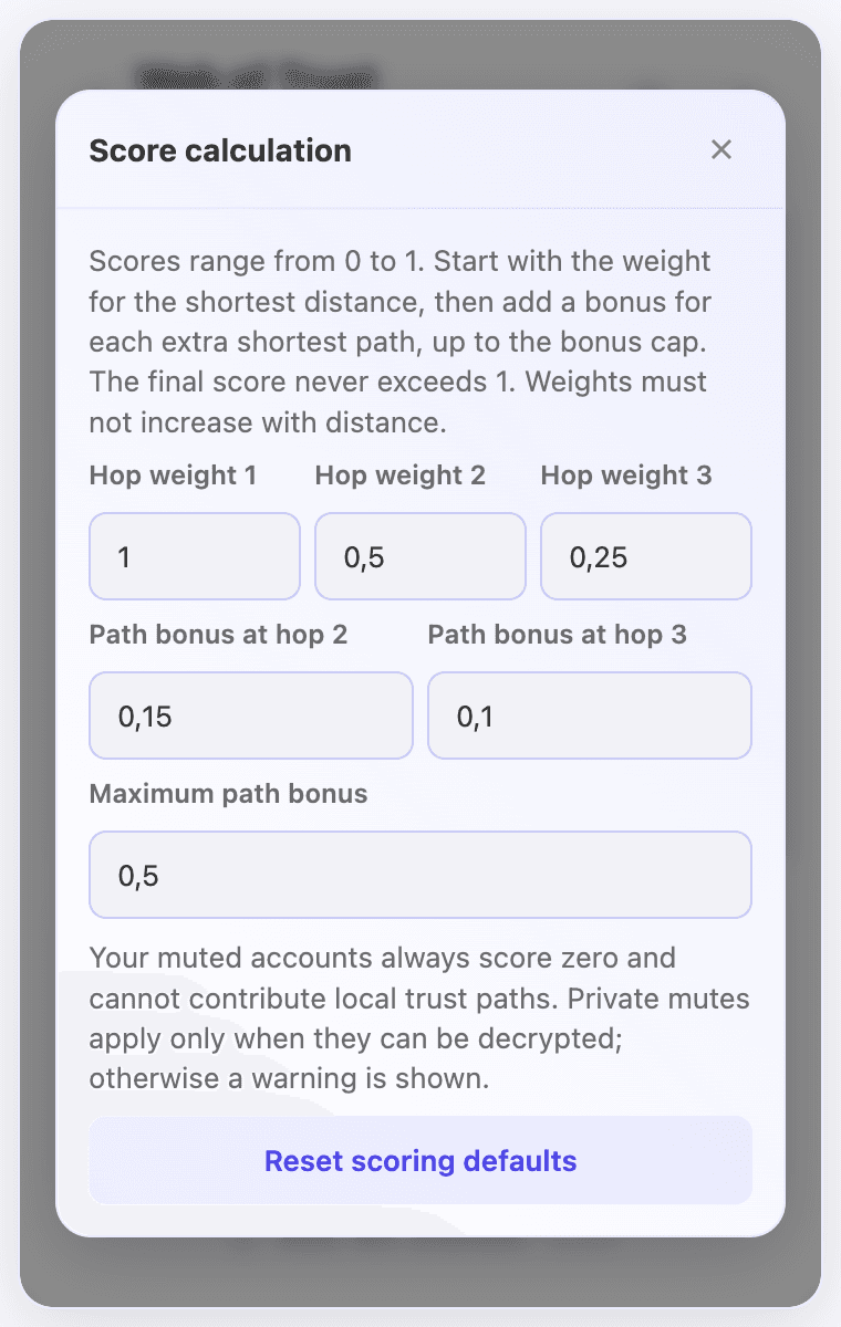 Current score settings with hop weights, path bonuses and a reset button