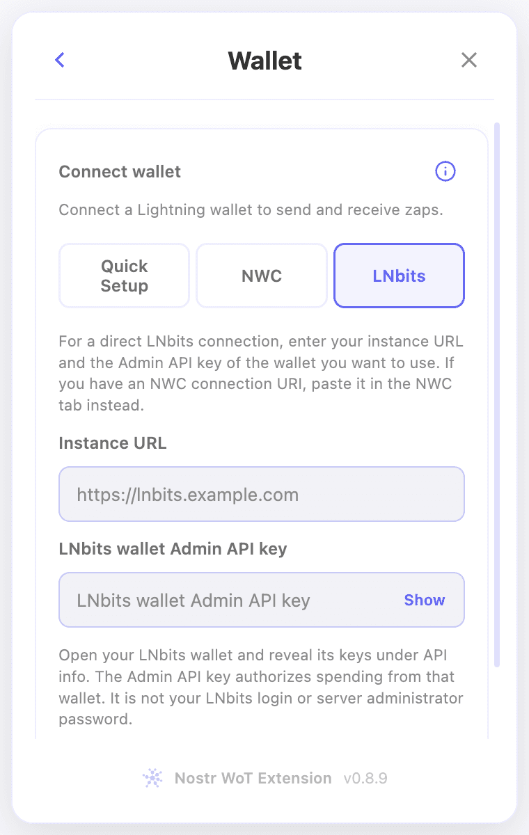 Connect with an LNbits server URL and Admin API key.