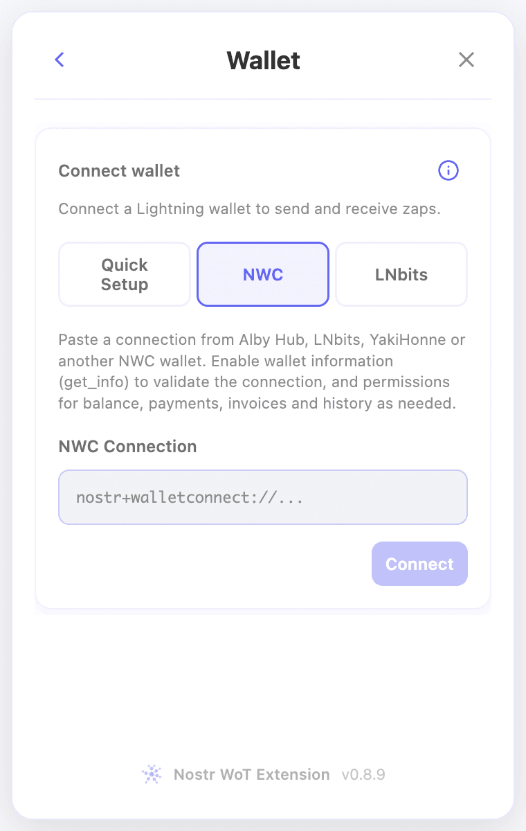 Paste an NWC connection from your wallet provider.