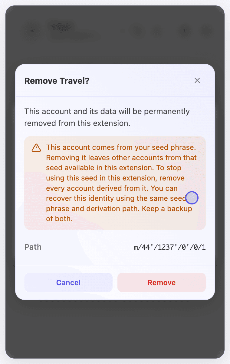 Review the account name and recovery details before removal.